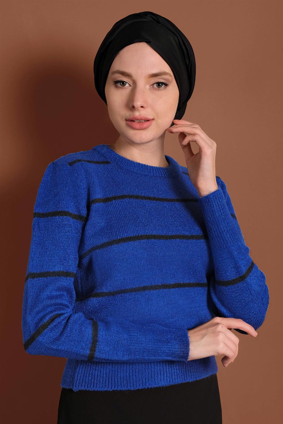 Tesettür giyim LACİVERT ÇİZGİ DESENLİ KAZAK 1416