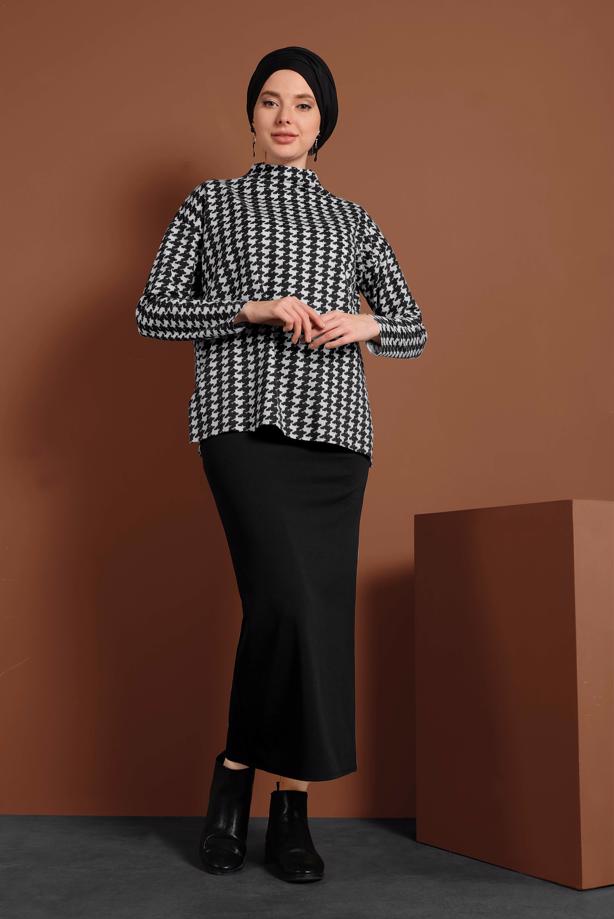 Vêtements hijab NOIR PULL EN PIED-DE-POULE 4224 - TRENDTESETTÜR