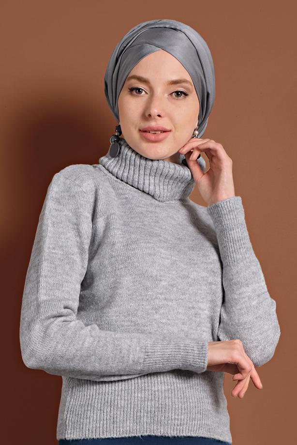 Tesettür giyim GRİ BOĞAZLI TRİKO KAZAK 4306 - TRENDTESETTÜR