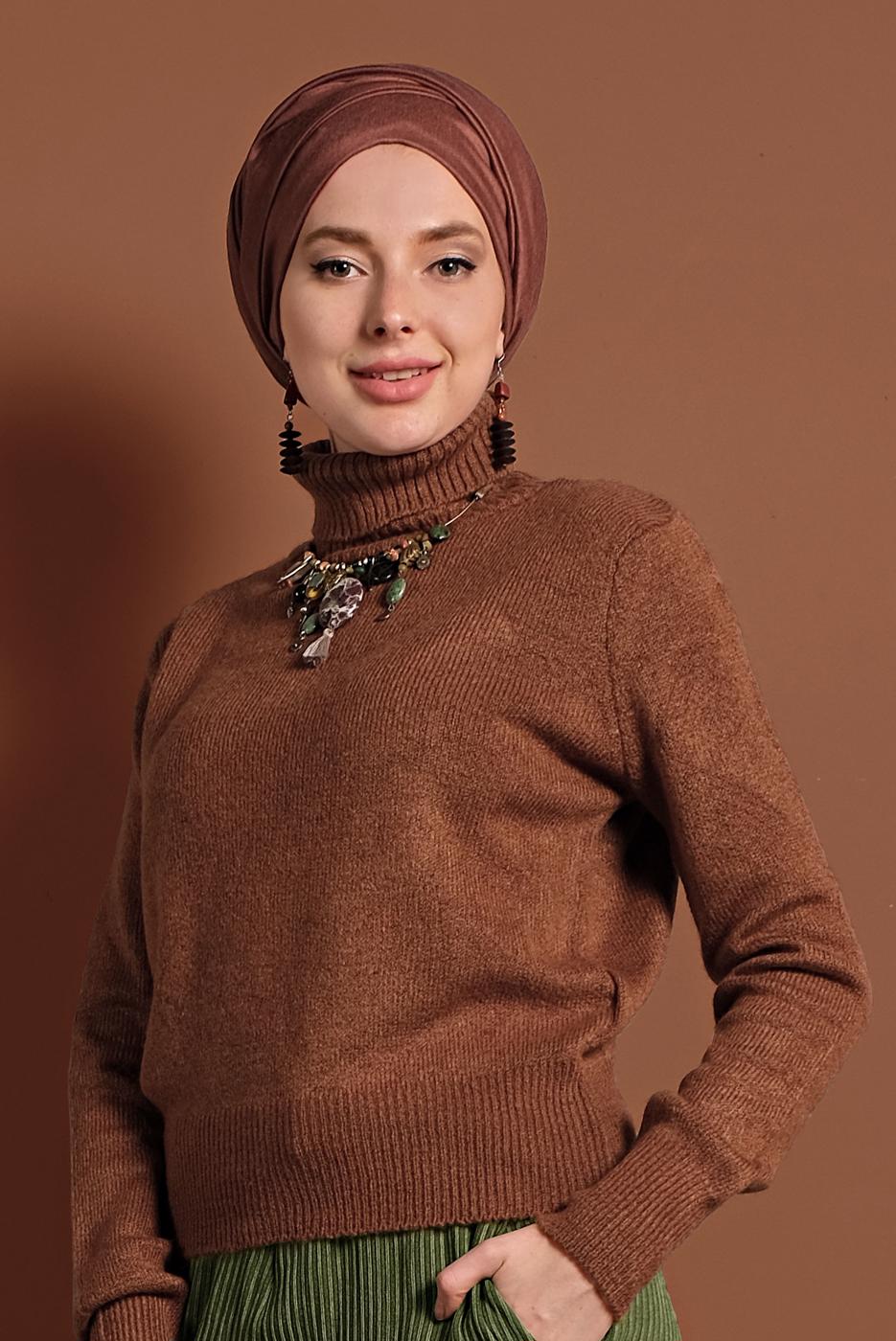 Tesettür giyim KAHVE BOĞAZLI TRİKO KAZAK 4306
