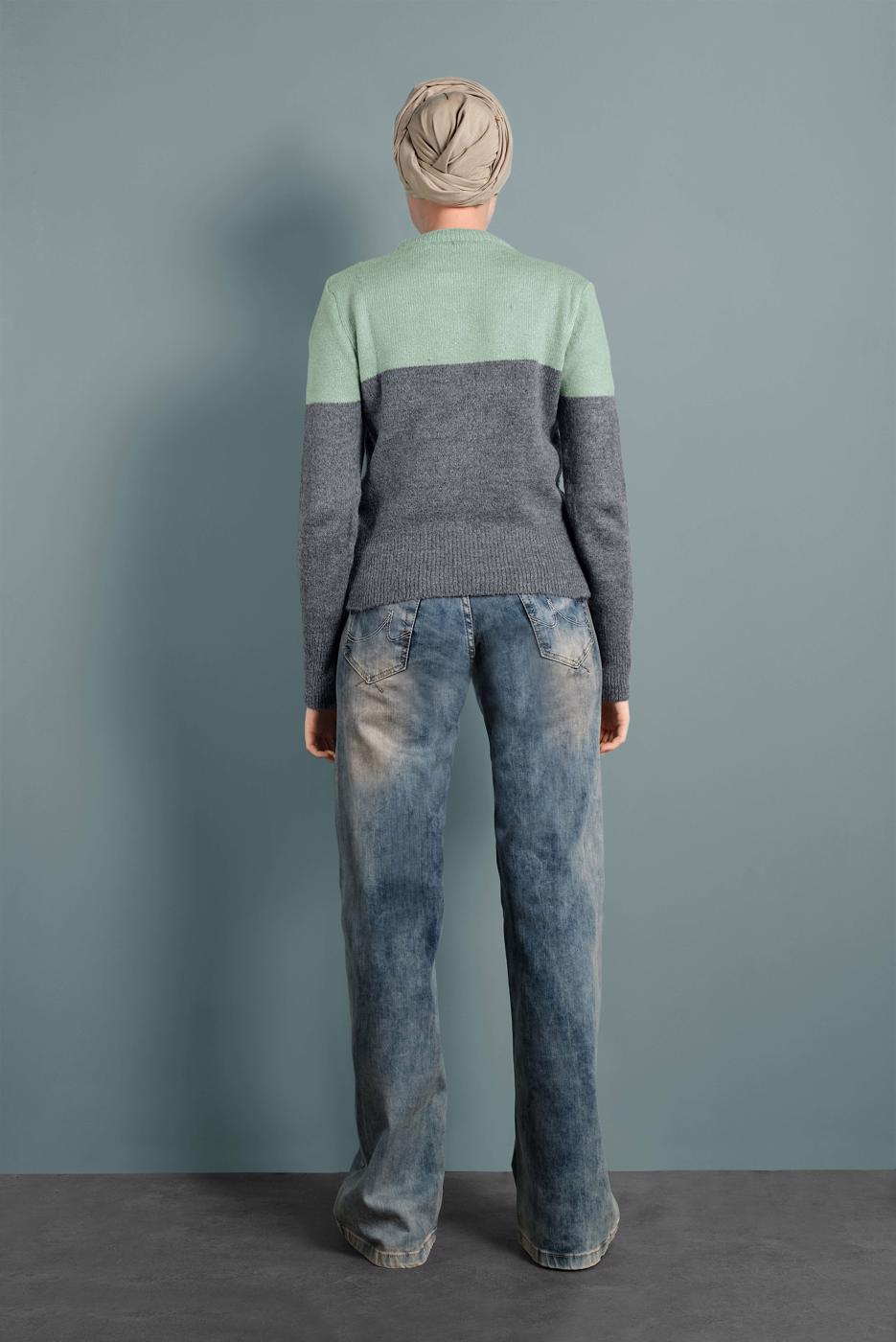 Tesettür giyim YEŞİL 2 RENKLİ TRİKO KAZAK 6806