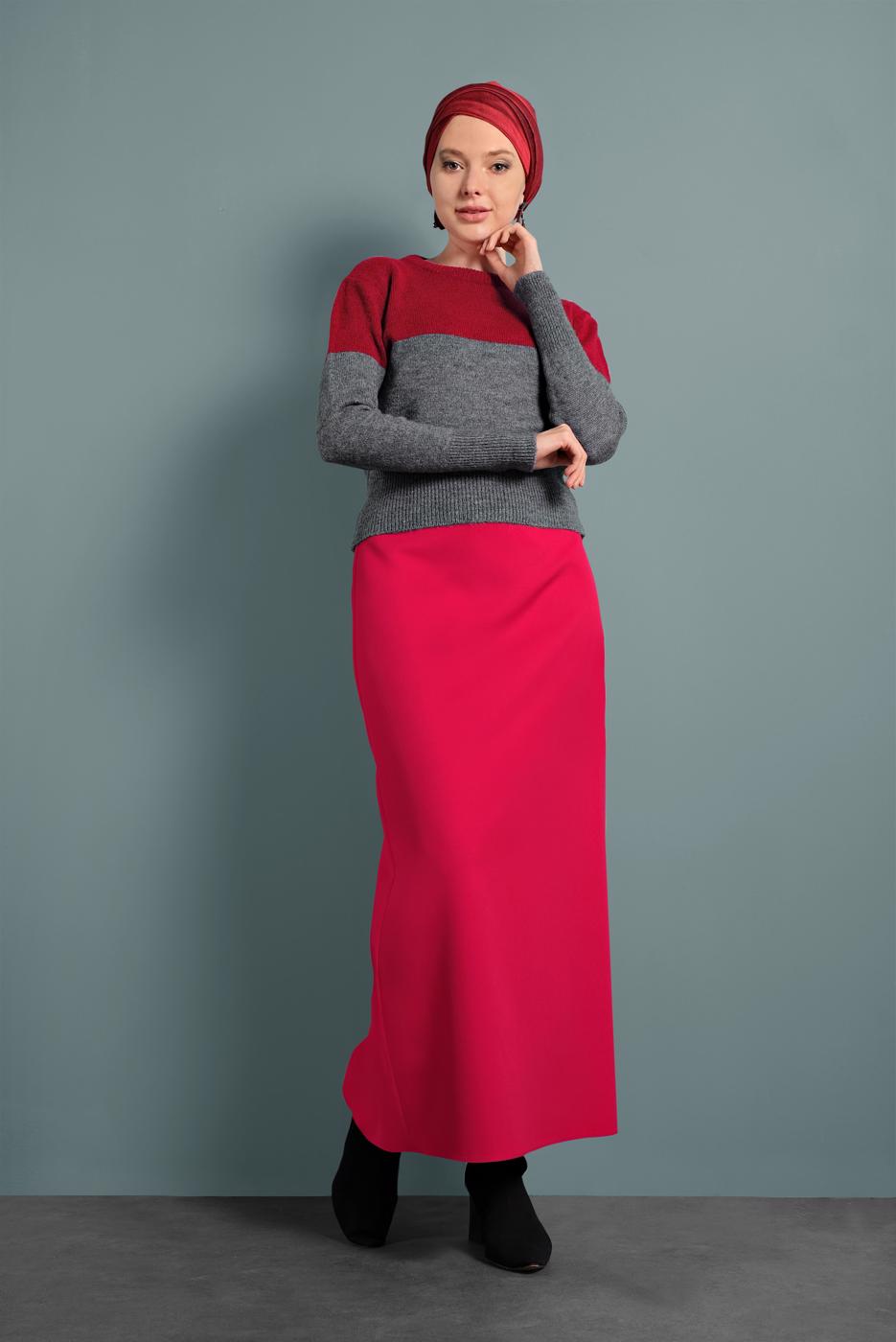 Tesettür giyim KIRMIZI 2 RENKLİ TRİKO KAZAK 6806