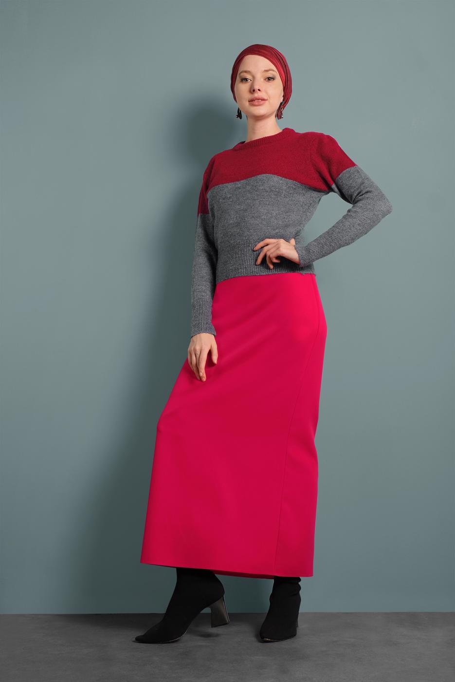 Tesettür giyim KIRMIZI 2 RENKLİ TRİKO KAZAK 6806