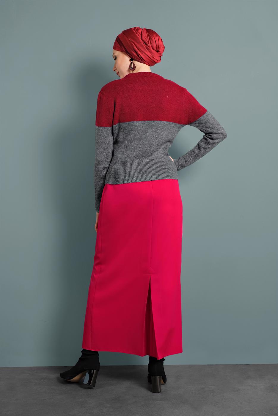 Tesettür giyim KIRMIZI 2 RENKLİ TRİKO KAZAK 6806