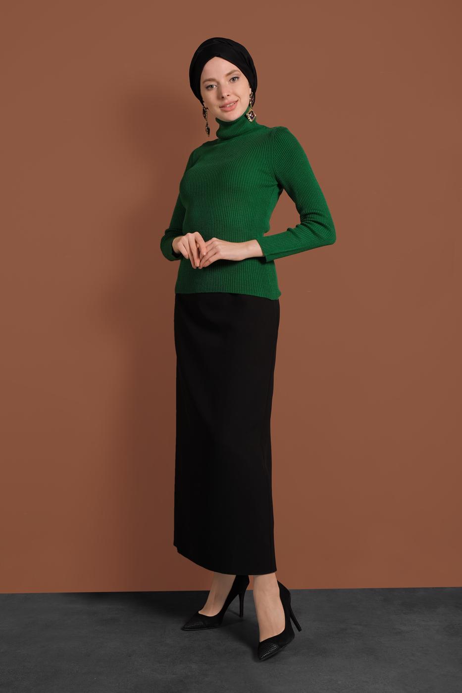 Tesettür giyim YEŞİL BOĞAZLI FİTİLLİ KAZAK 9516