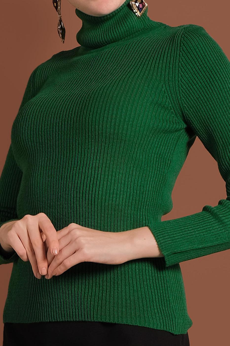 Tesettür giyim YEŞİL BOĞAZLI FİTİLLİ KAZAK 9516