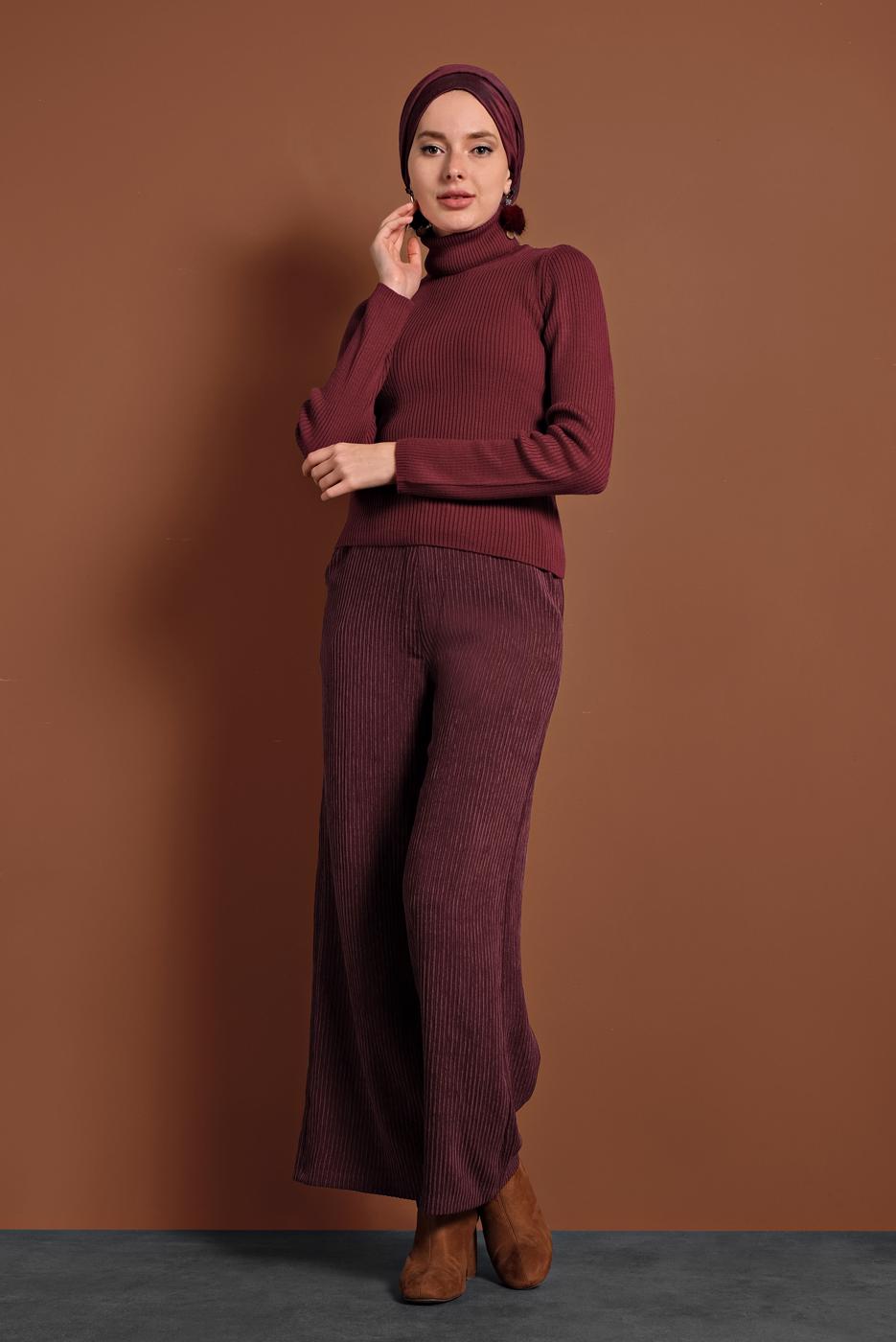 Tesettür giyim KIRMIZI BOĞAZLI FİTİLLİ KAZAK 9516