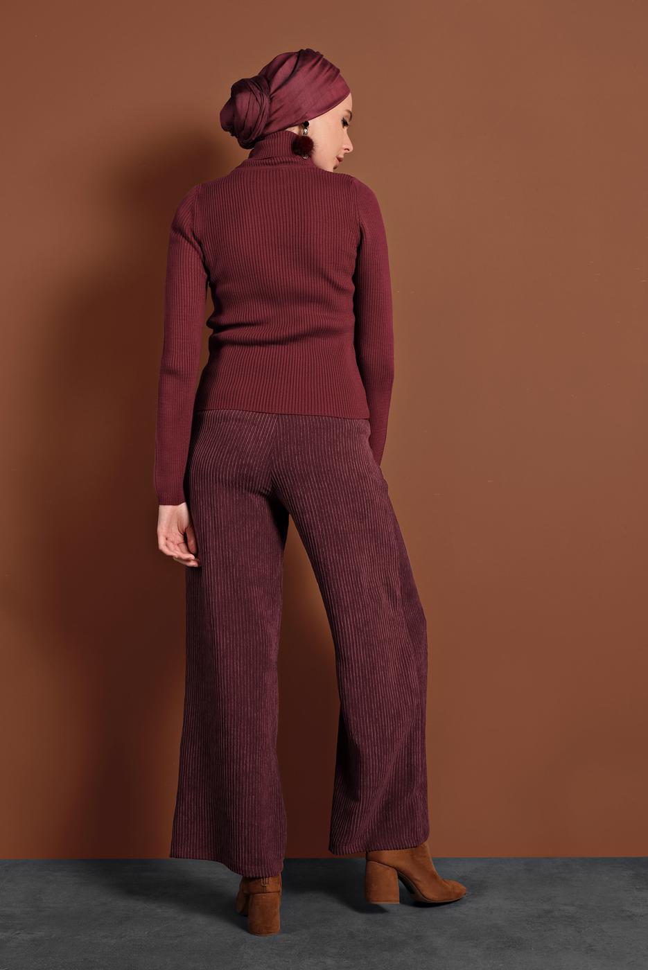 Tesettür giyim KIRMIZI BOĞAZLI FİTİLLİ KAZAK 9516