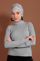Tesettür giyim GRİ BOĞAZLI FİTİLLİ KAZAK 9516