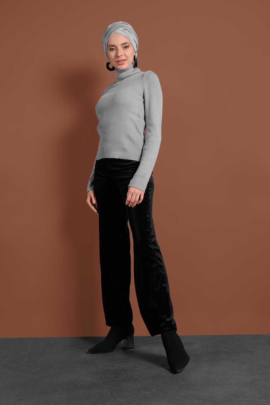 Tesettür giyim GRİ BOĞAZLI FİTİLLİ KAZAK 9516