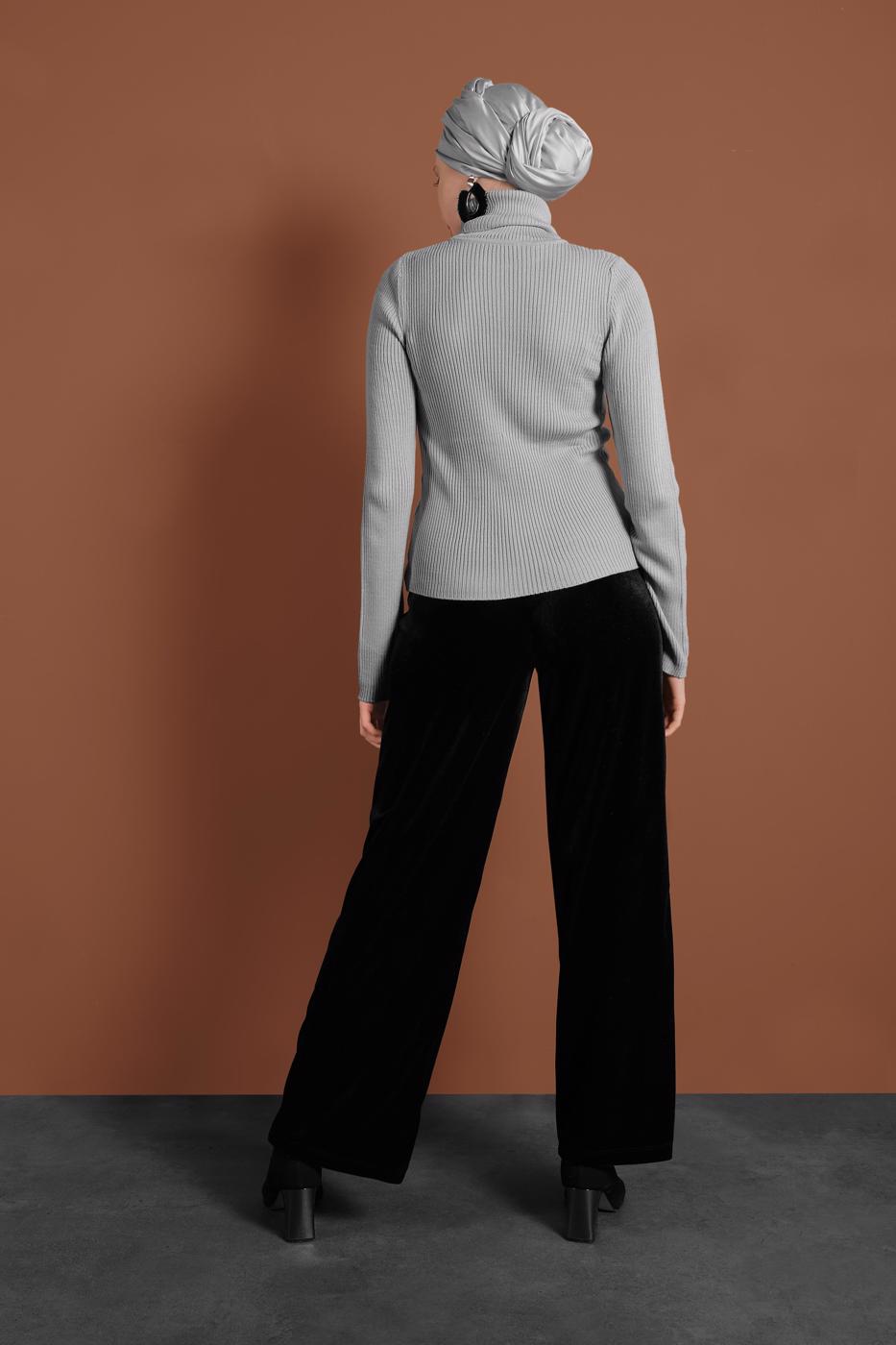 Tesettür giyim GRİ BOĞAZLI FİTİLLİ KAZAK 9516