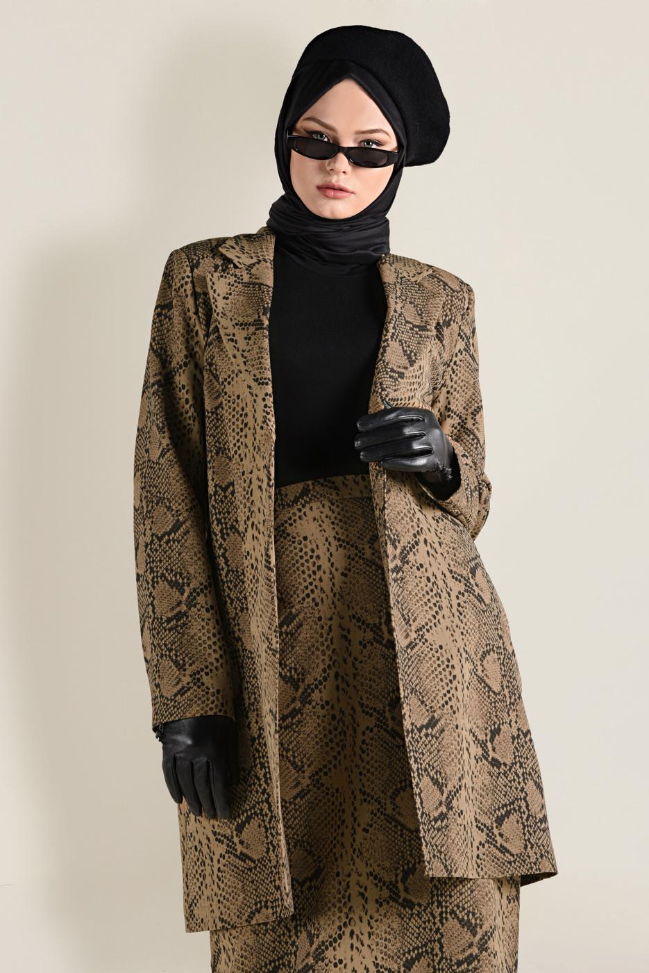 Tesettür giyim KAHVE YILAN DERİSİ DESENLİ CEKET 4811-1