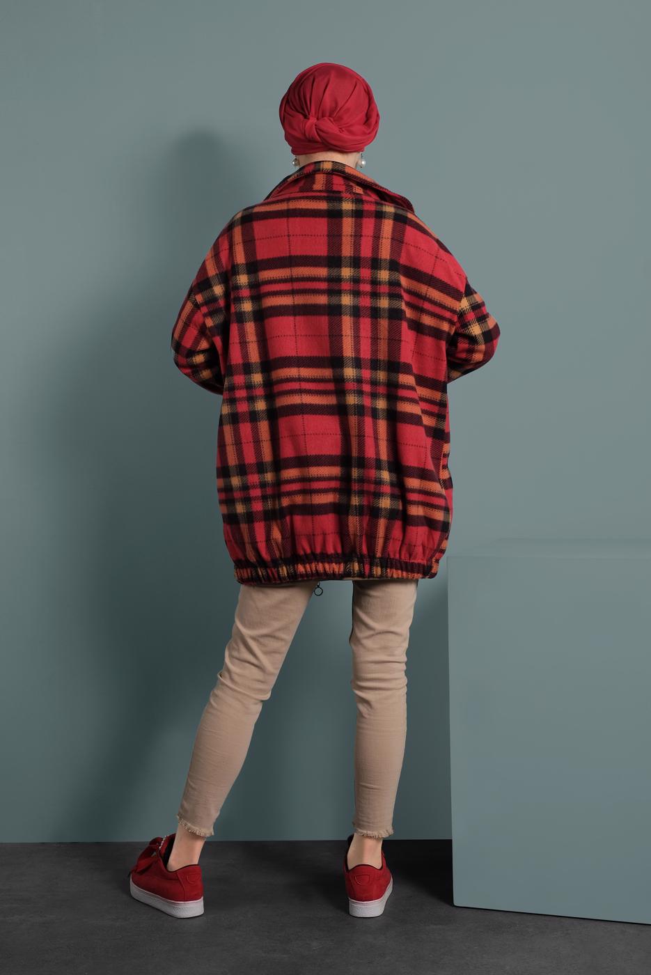 Tesettür giyim KIRMIZI EKOSE DESENLİ POLAR CEKET 8316-1