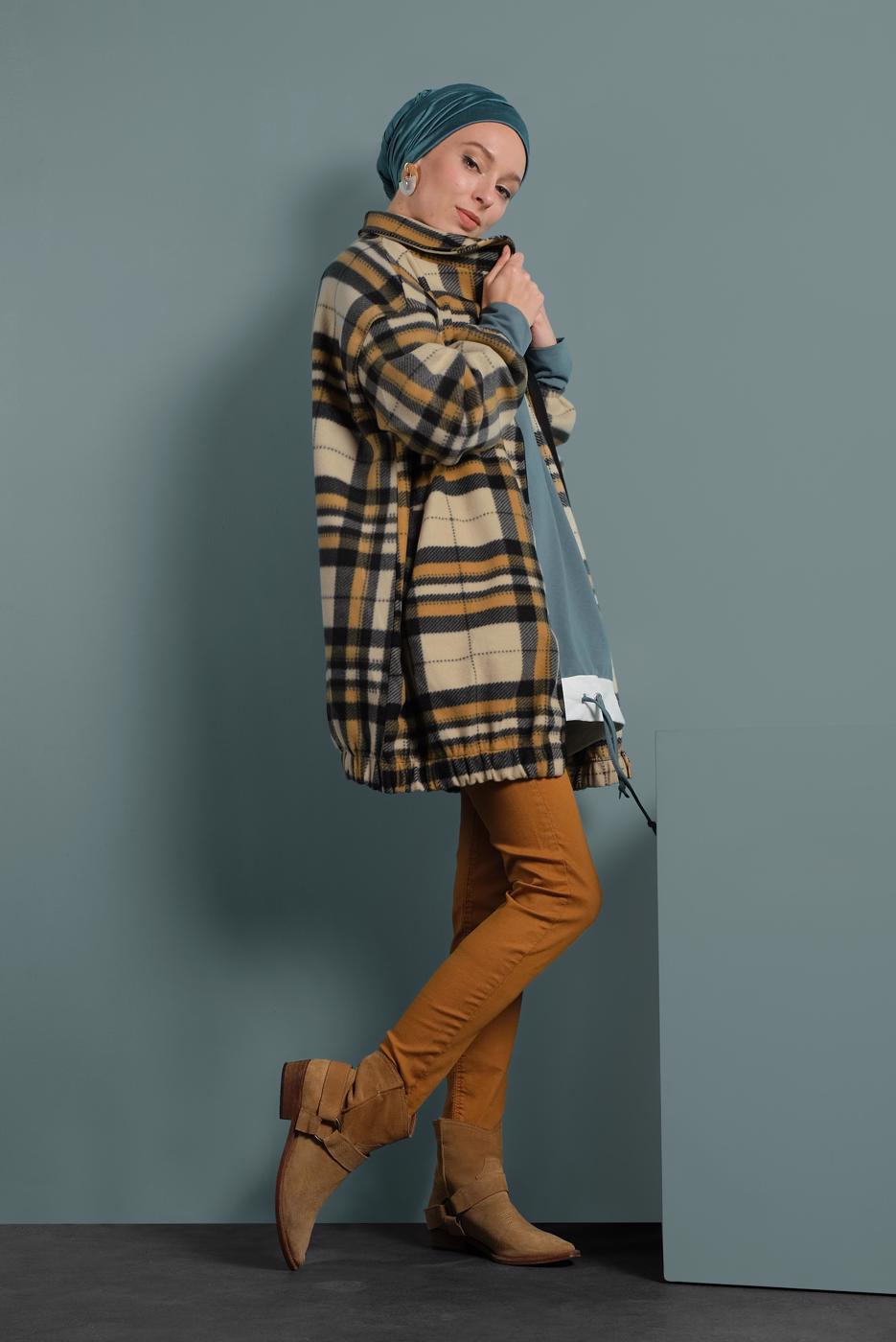 Tesettür giyim GRİ EKOSE DESENLİ POLAR CEKET 8316-1