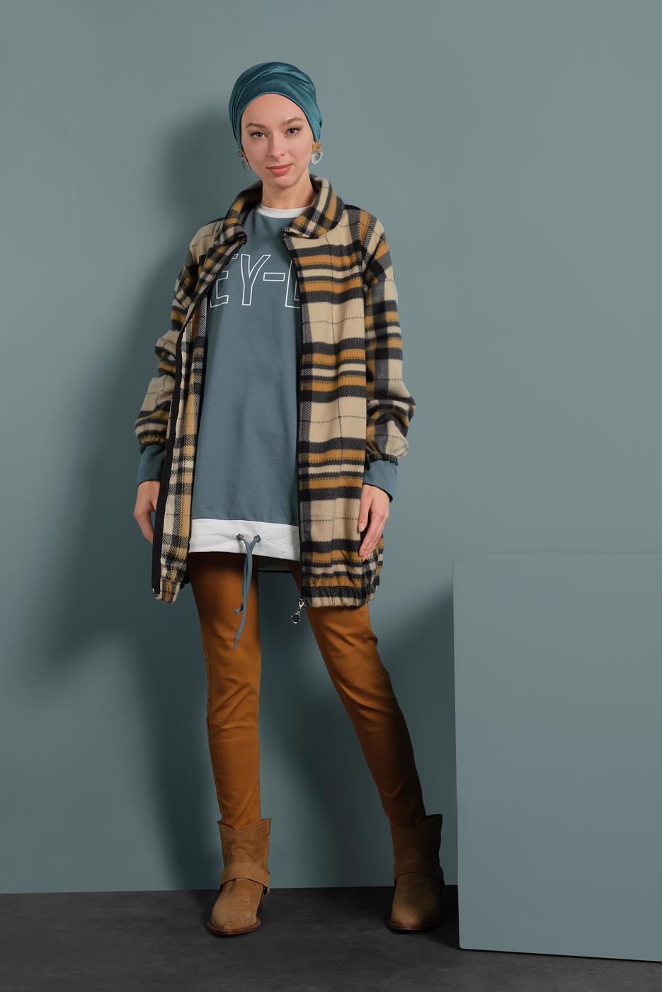 Tesettür giyim GRİ EKOSE DESENLİ POLAR CEKET 8316-1