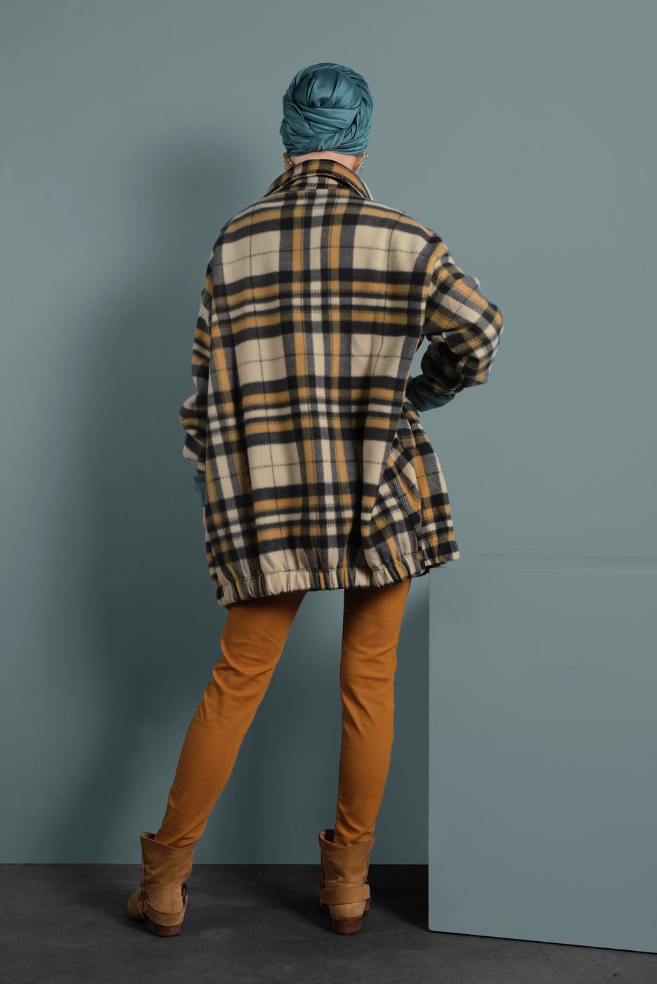 Tesettür giyim GRİ EKOSE DESENLİ POLAR CEKET 8316-1