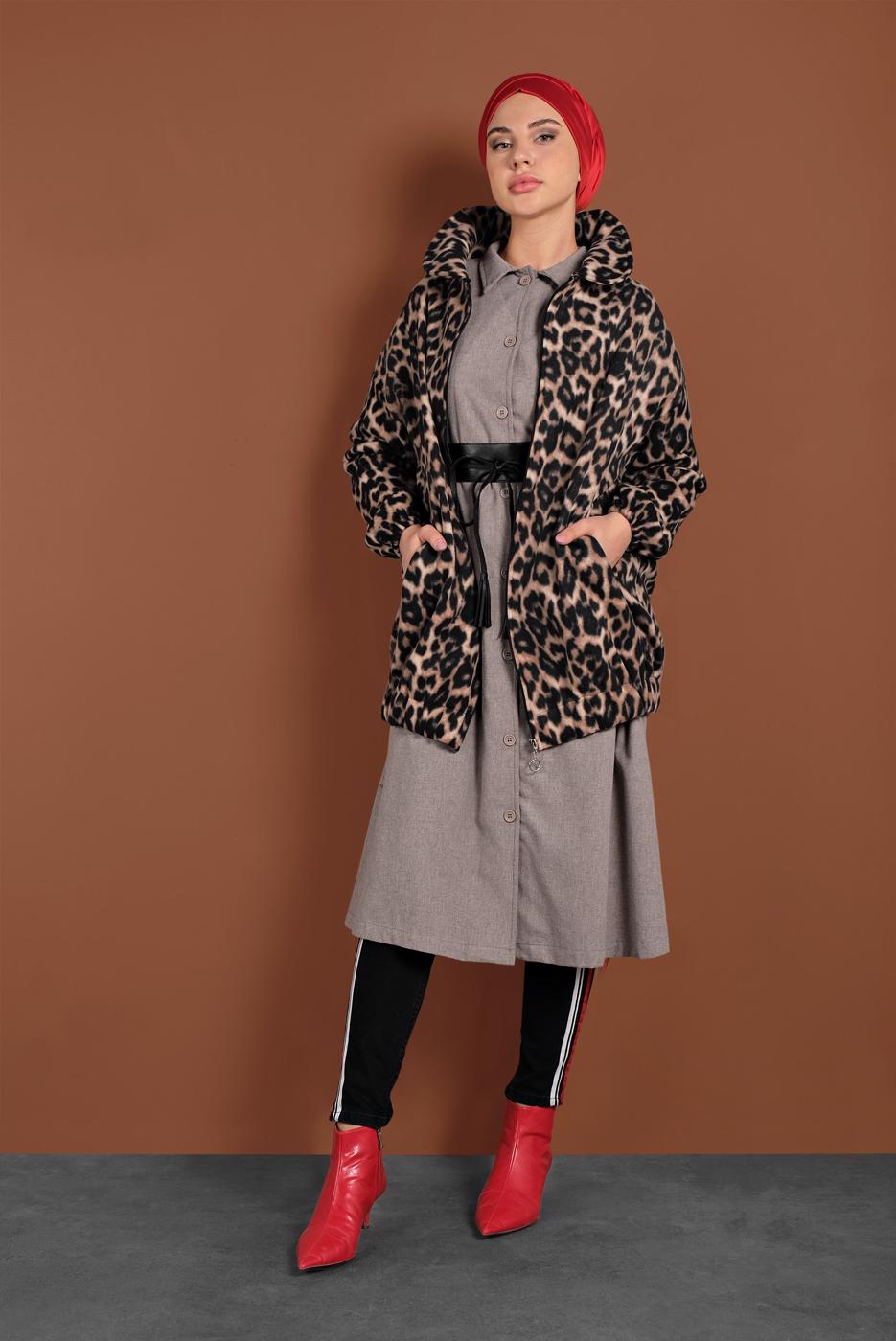 Tesettür giyim SİYAH LEOPAR DESENLİ POLAR CEKET 8316-3