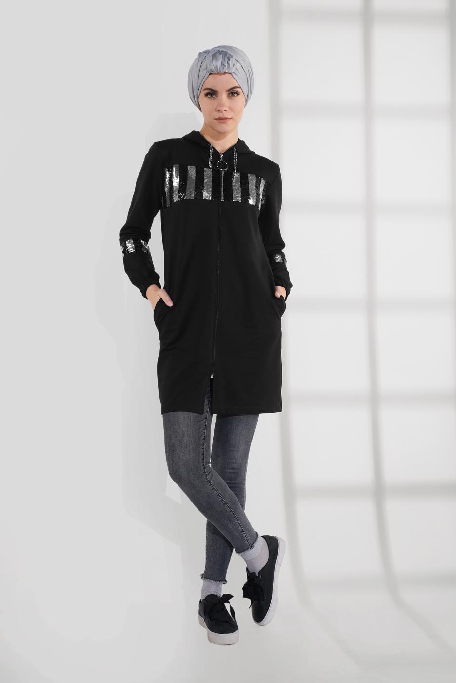 Tesettür giyim SİYAH PAMUKLU PUL PAYET EŞOFMAN CEKET 9005