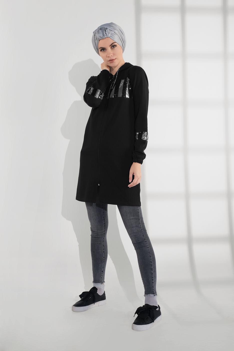 Tesettür giyim SİYAH PAMUKLU PUL PAYET EŞOFMAN CEKET 9005