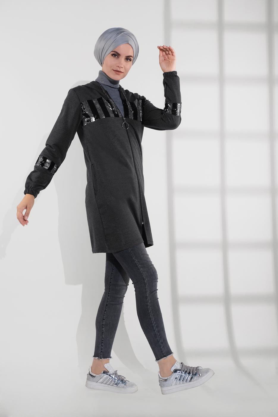 Tesettür giyim GRİ PAMUKLU PUL PAYET EŞOFMAN CEKET 9005