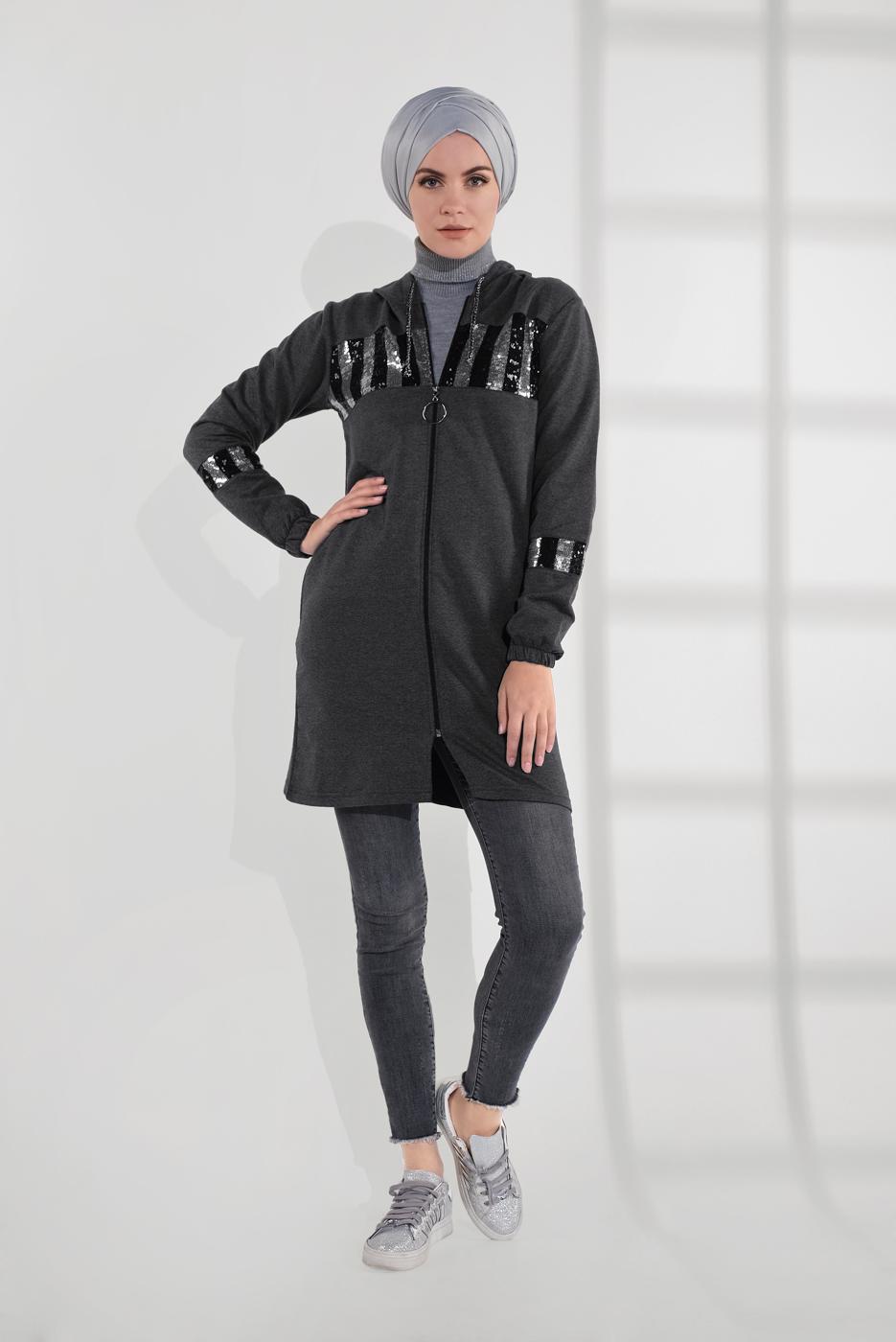 Tesettür giyim GRİ PAMUKLU PUL PAYET EŞOFMAN CEKET 9005
