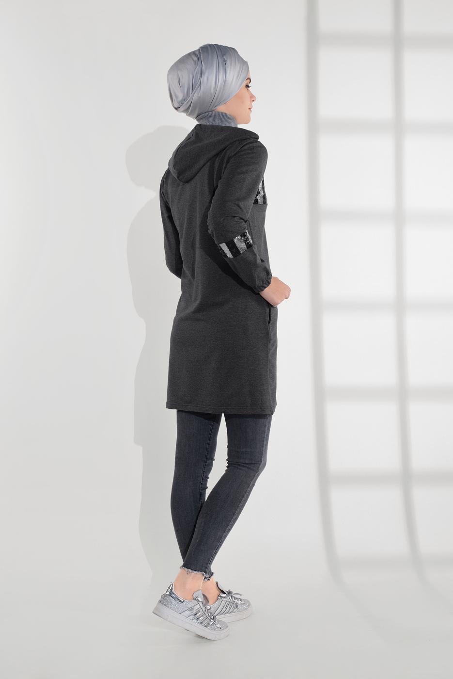 Tesettür giyim GRİ PAMUKLU PUL PAYET EŞOFMAN CEKET 9005