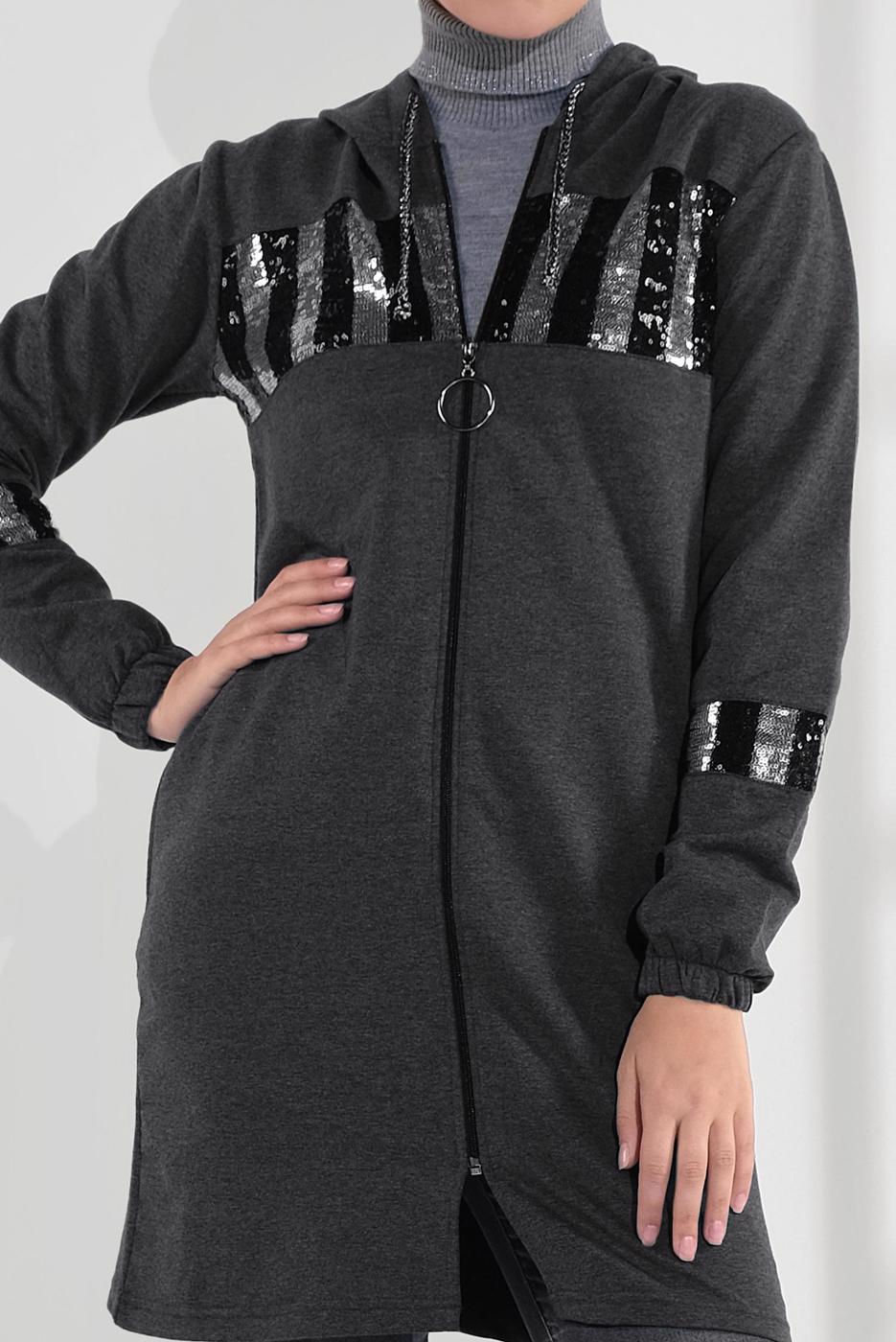 Tesettür giyim GRİ PAMUKLU PUL PAYET EŞOFMAN CEKET 9005