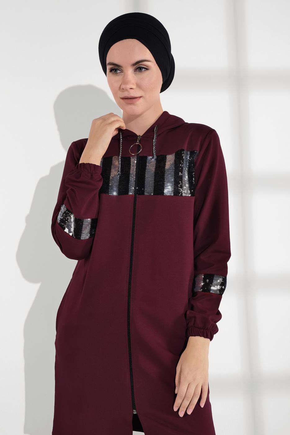 Tesettür giyim BORDO PAMUKLU PUL PAYET EŞOFMAN CEKET 9005
