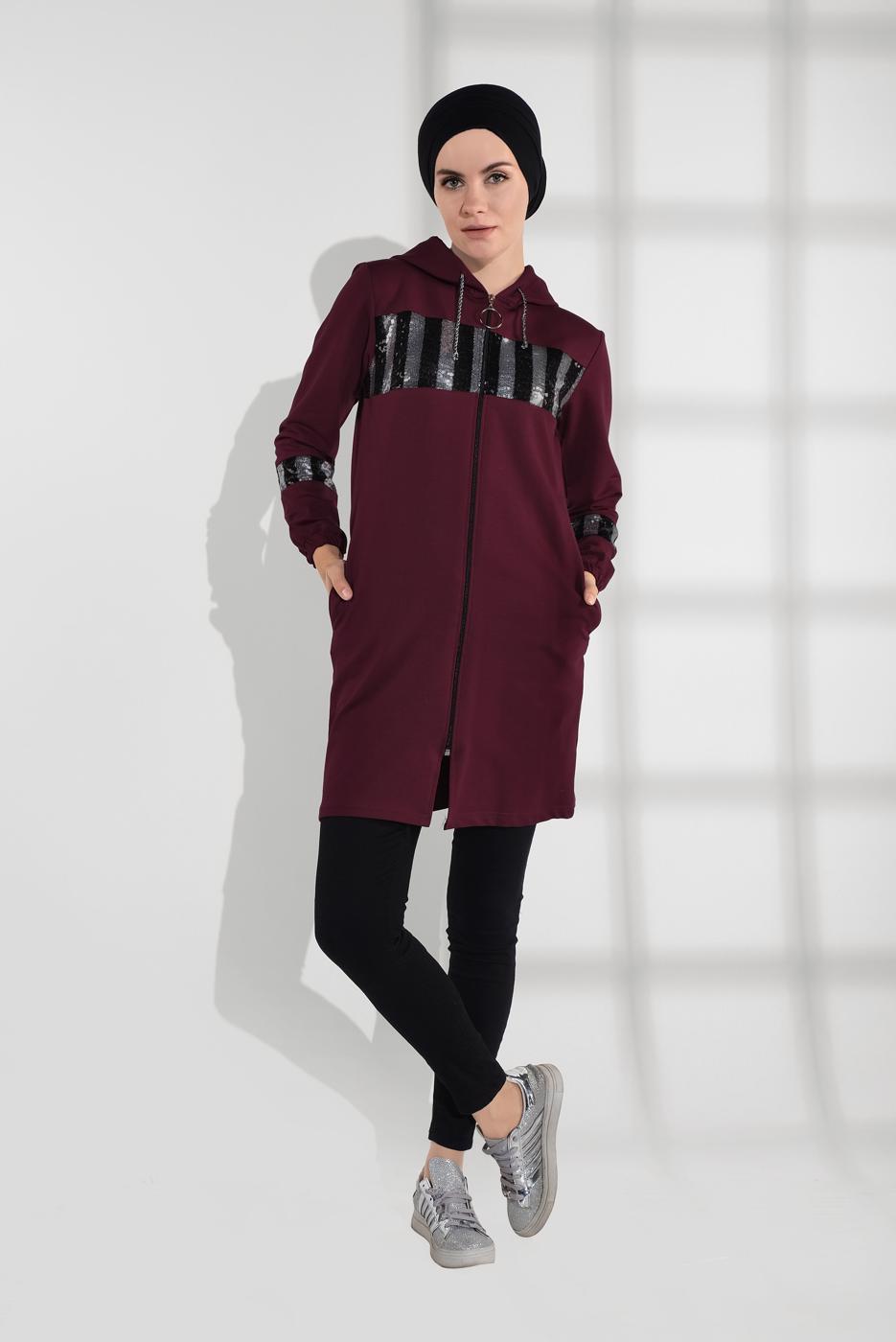 Tesettür giyim BORDO PAMUKLU PUL PAYET EŞOFMAN CEKET 9005
