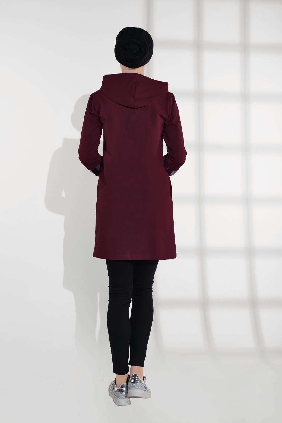 Tesettür giyim BORDO PAMUKLU PUL PAYET EŞOFMAN CEKET 9005