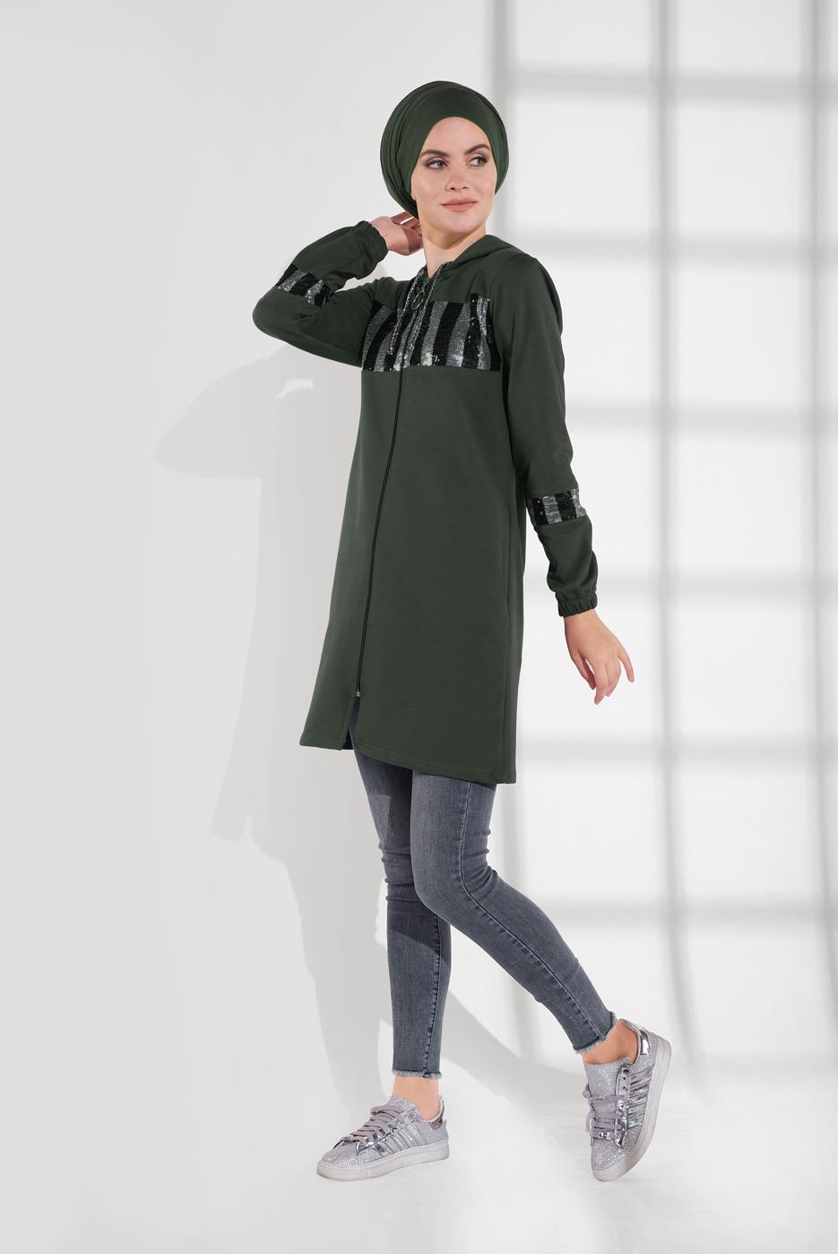 Tesettür giyim HAKİ PAMUKLU PUL PAYET EŞOFMAN CEKET 9005