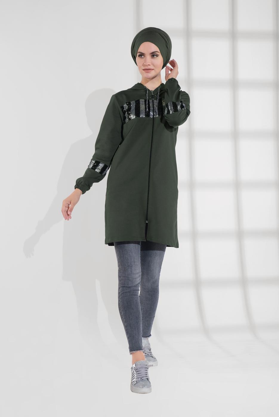 Tesettür giyim HAKİ PAMUKLU PUL PAYET EŞOFMAN CEKET 9005