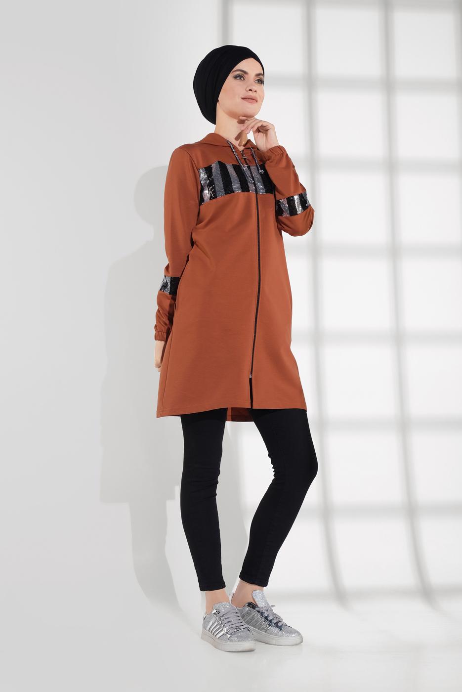Tesettür giyim KAHVE PAMUKLU PUL PAYET EŞOFMAN CEKET 9005