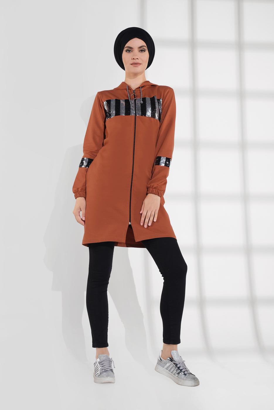 Tesettür giyim KAHVE PAMUKLU PUL PAYET EŞOFMAN CEKET 9005