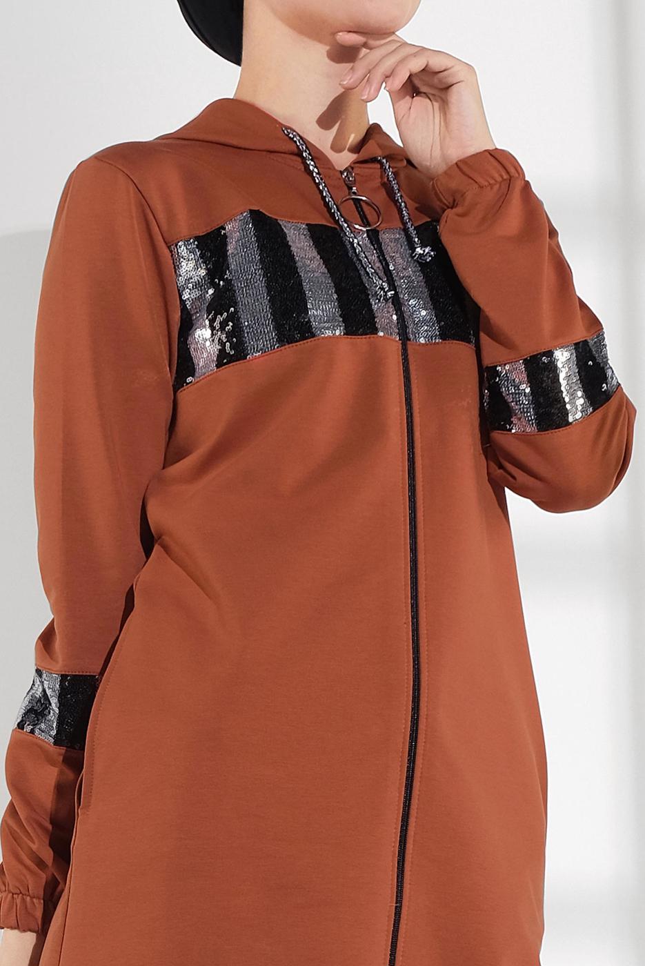 Tesettür giyim KAHVE PAMUKLU PUL PAYET EŞOFMAN CEKET 9005