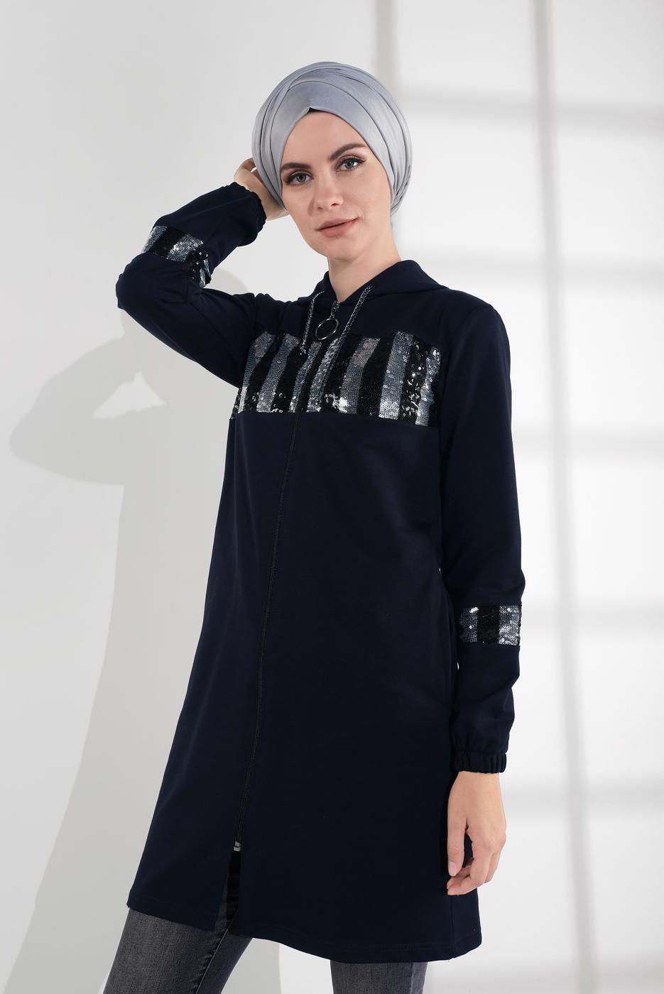 Tesettür giyim LACİVERT PAMUKLU PUL PAYET EŞOFMAN CEKET 9005