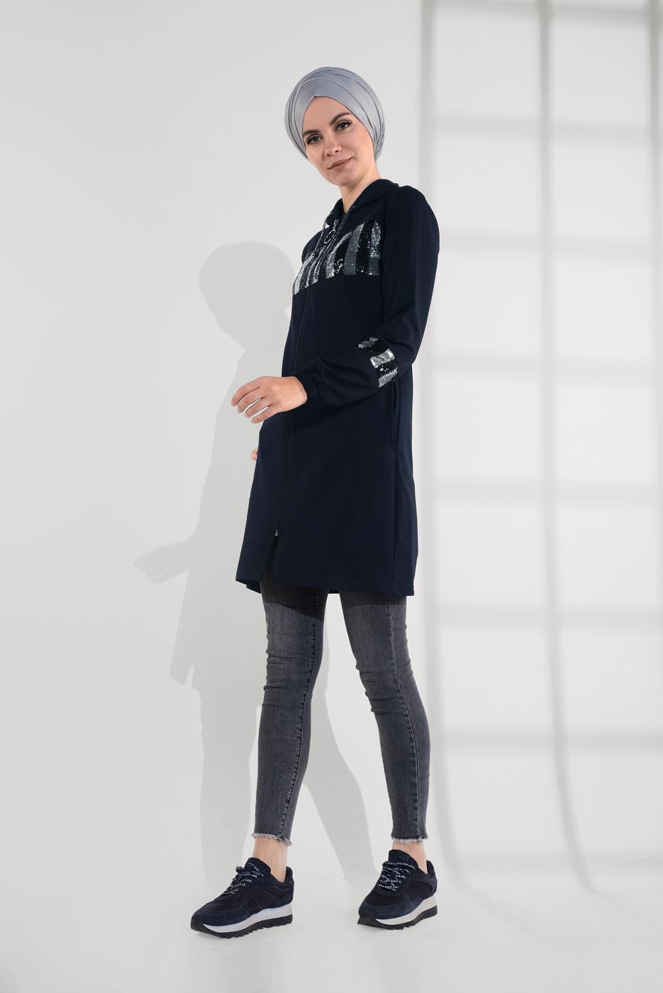 Tesettür giyim LACİVERT PAMUKLU PUL PAYET EŞOFMAN CEKET 9005