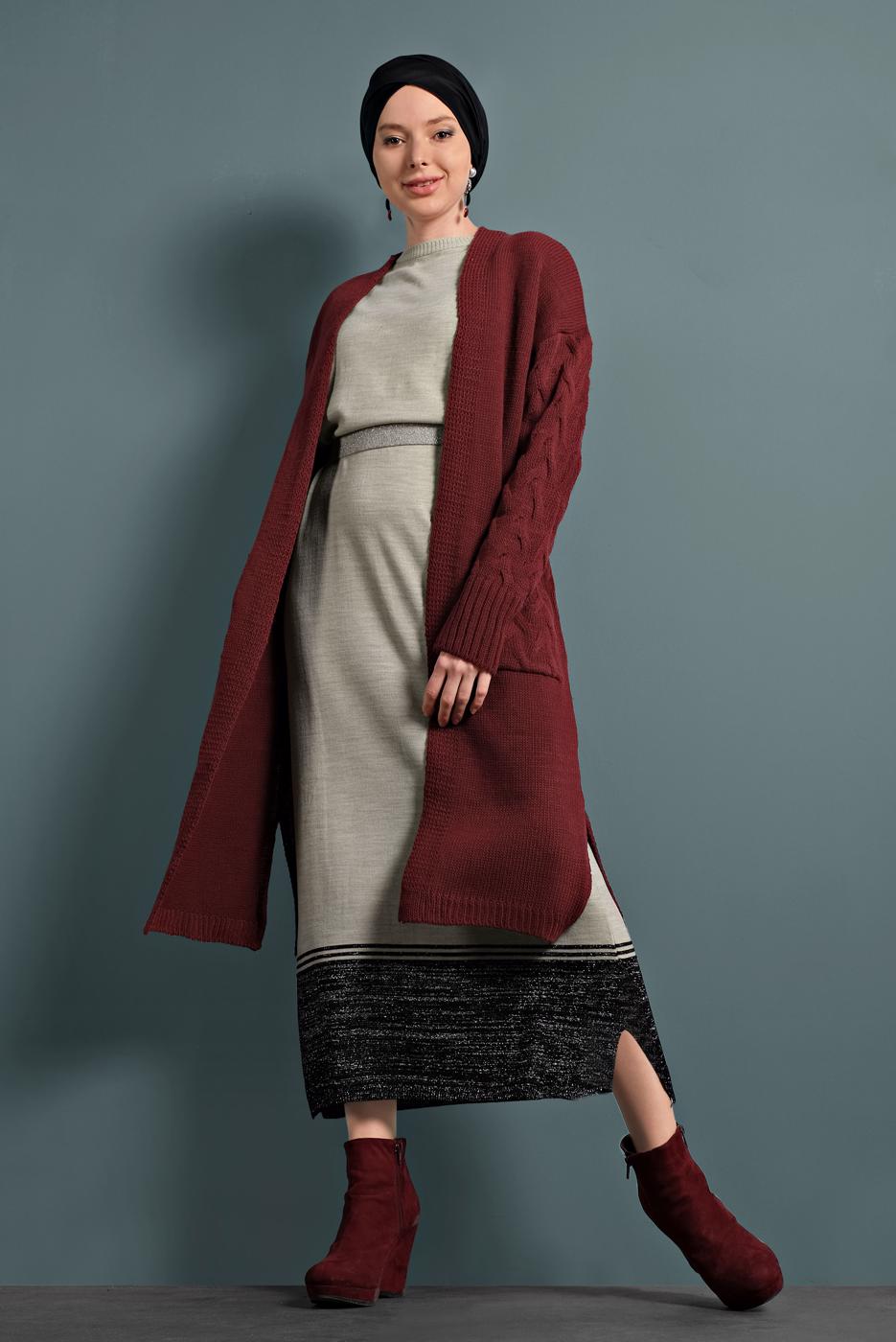 Tesettür giyim BORDO ÖRGÜ DESENLİ TRİKO HIRKA T 0005