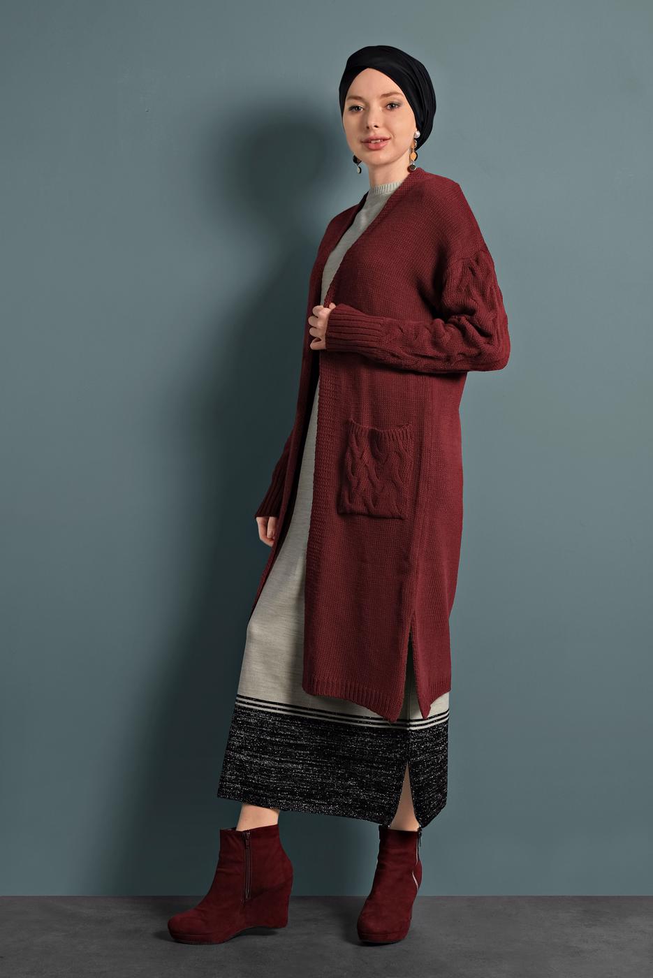 Tesettür giyim BORDO ÖRGÜ DESENLİ TRİKO HIRKA T 0005