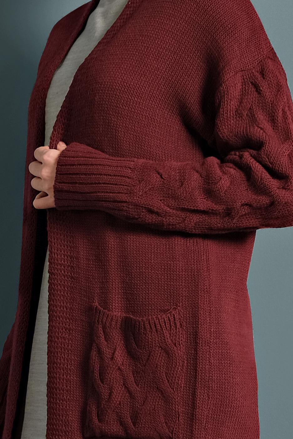 Tesettür giyim BORDO ÖRGÜ DESENLİ TRİKO HIRKA T 0005