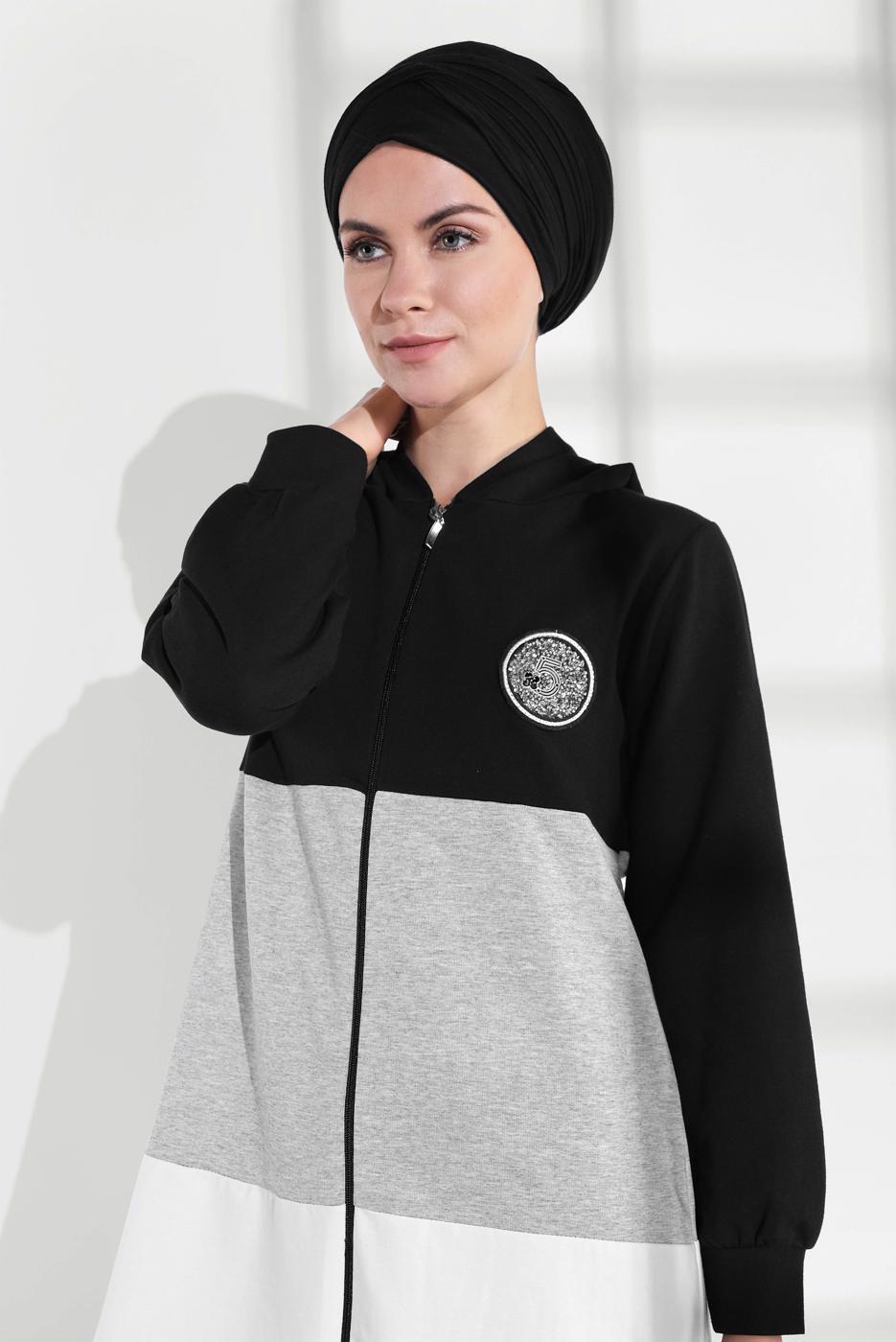 Tesettür giyim SİYAH ŞERİT DETAYLI KAPÜŞONLU EŞOFMAN CEKET 0655 