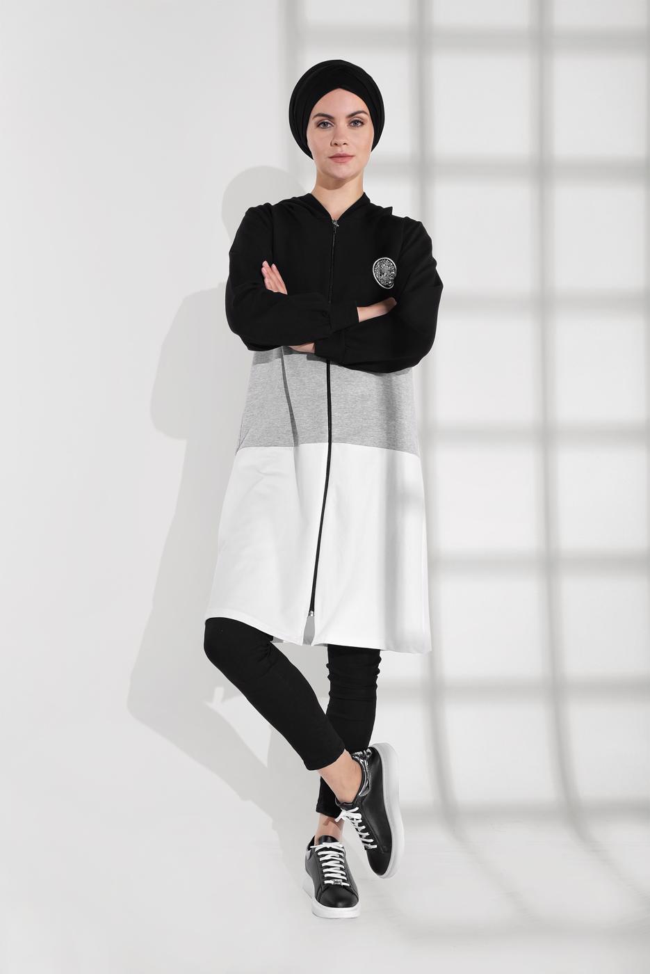 Tesettür giyim SİYAH ŞERİT DETAYLI KAPÜŞONLU EŞOFMAN CEKET 0655 