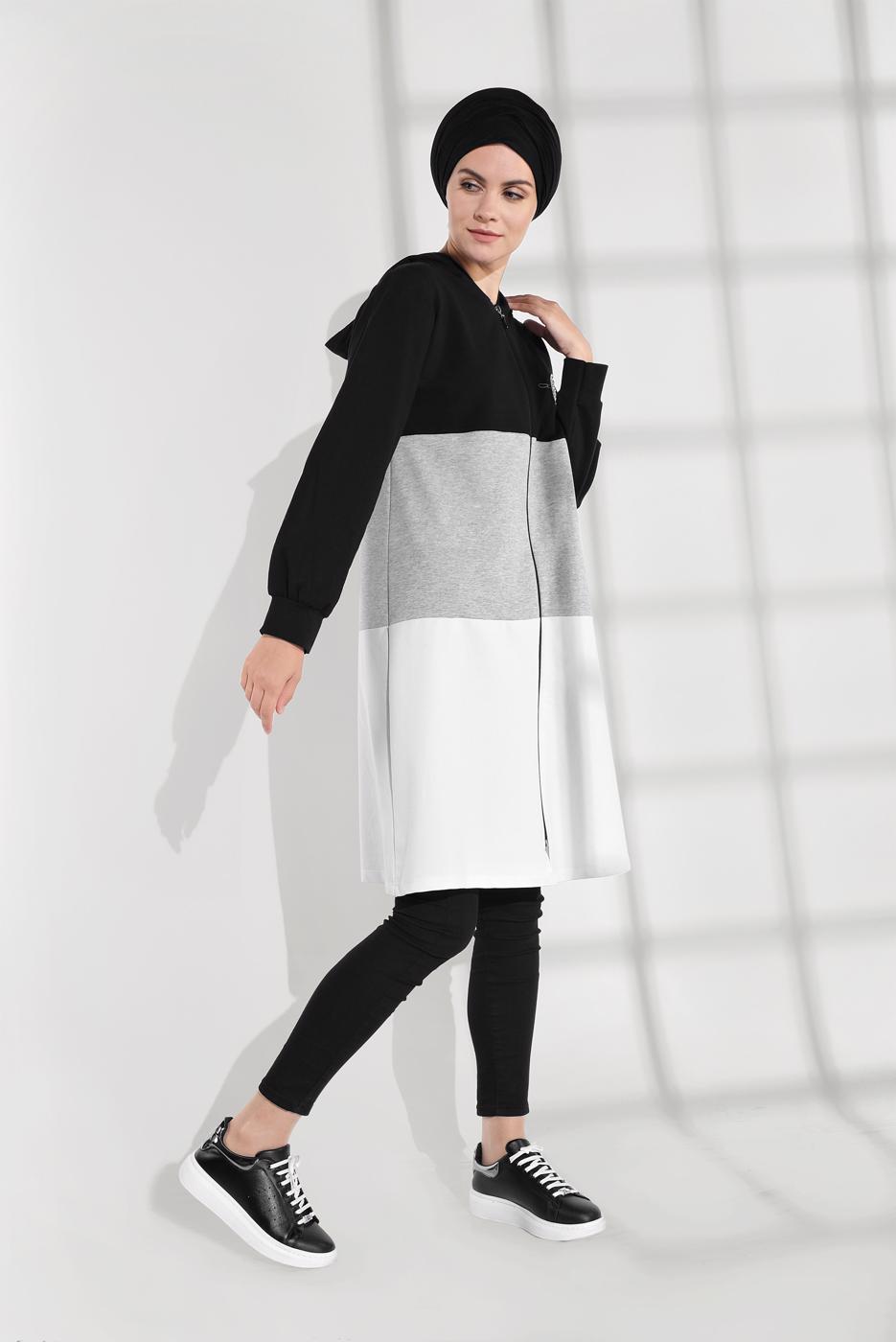 Tesettür giyim SİYAH ŞERİT DETAYLI KAPÜŞONLU EŞOFMAN CEKET 0655 