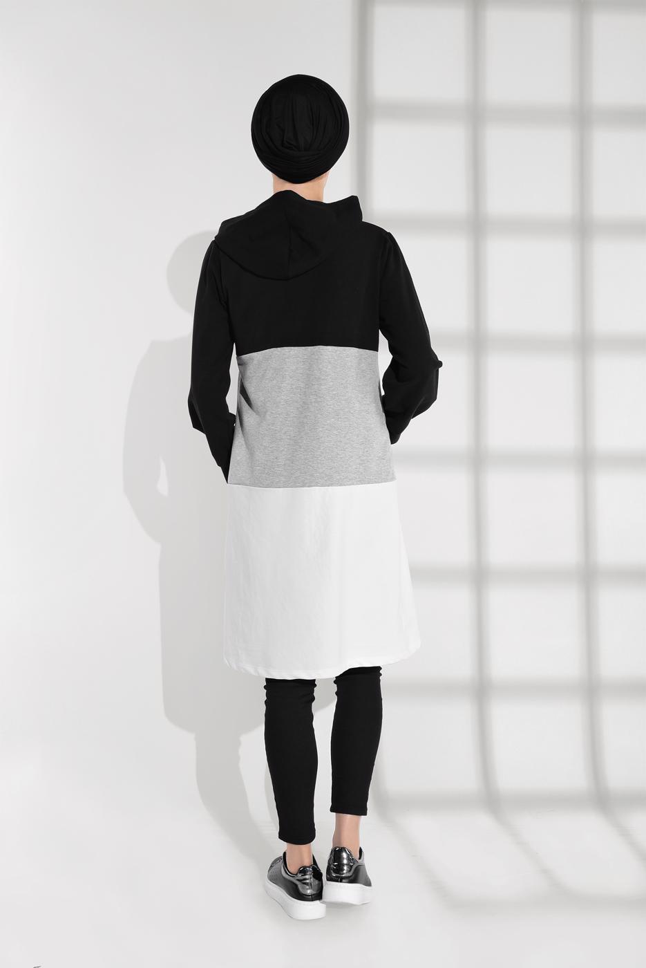 Tesettür giyim SİYAH ŞERİT DETAYLI KAPÜŞONLU EŞOFMAN CEKET 0655 