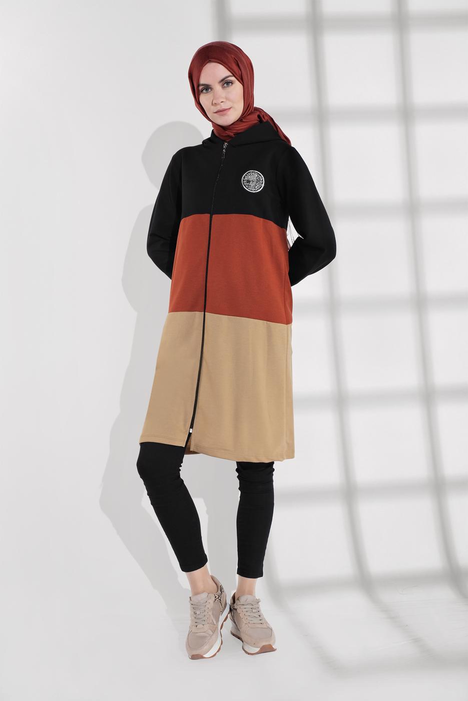 Tesettür giyim SİYAH ŞERİT DETAYLI KAPÜŞONLU EŞOFMAN CEKET 0655 