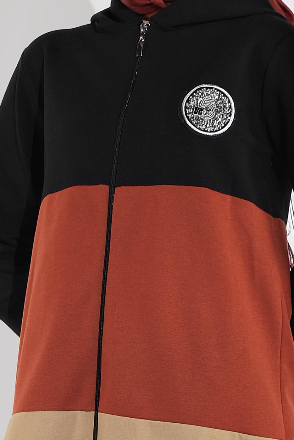 Tesettür giyim SİYAH ŞERİT DETAYLI KAPÜŞONLU EŞOFMAN CEKET 0655 