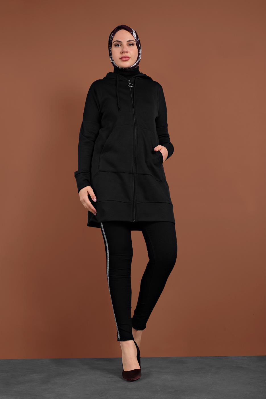 Hijab clothing BLACK HOODED ZIPPED SPORT JACKET 0801