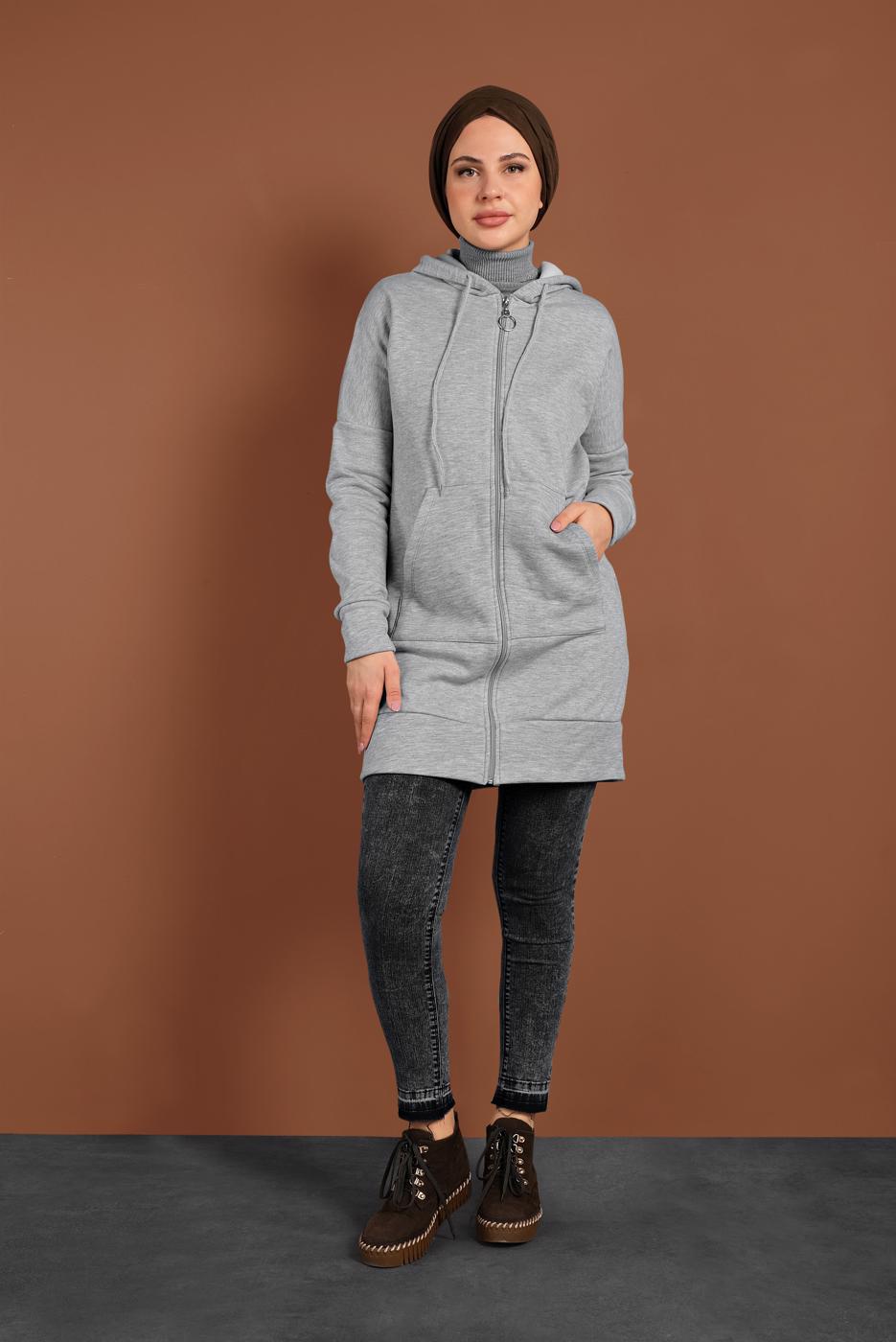 Hijab clothing GREY HOODED ZIPPED SPORT JACKET 0801