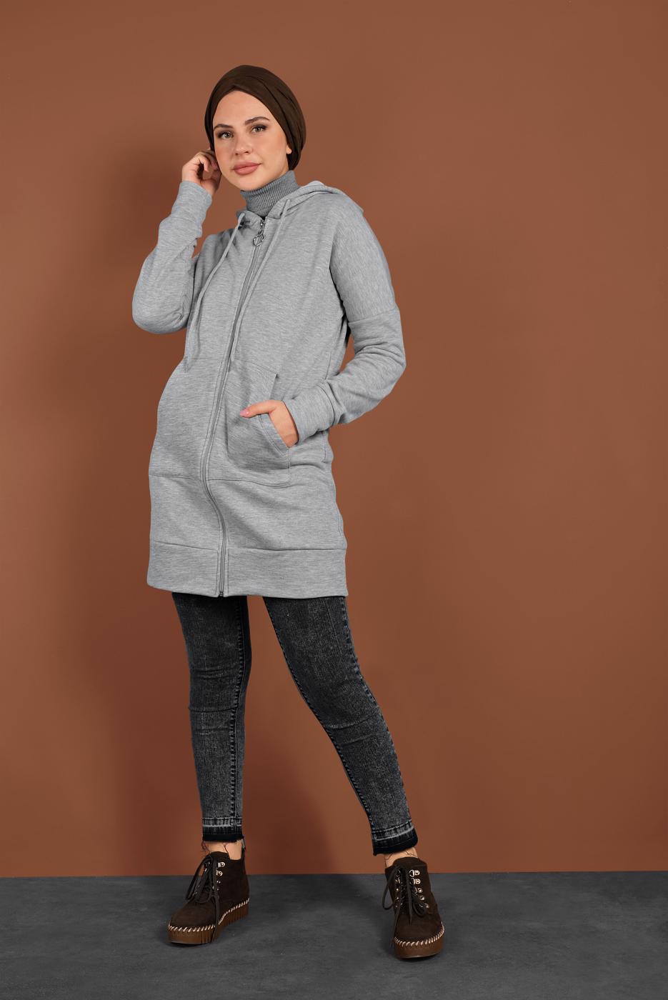 Hijab clothing GREY HOODED ZIPPED SPORT JACKET 0801