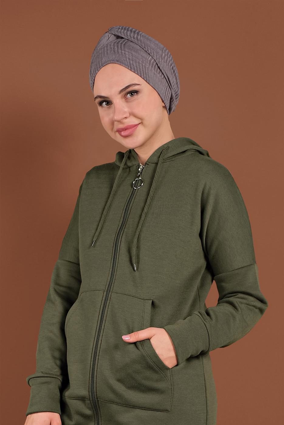 Vêtements hijab KAKI JAQUETTE SPORT ZIPPÉ À CAPUCHE 0801